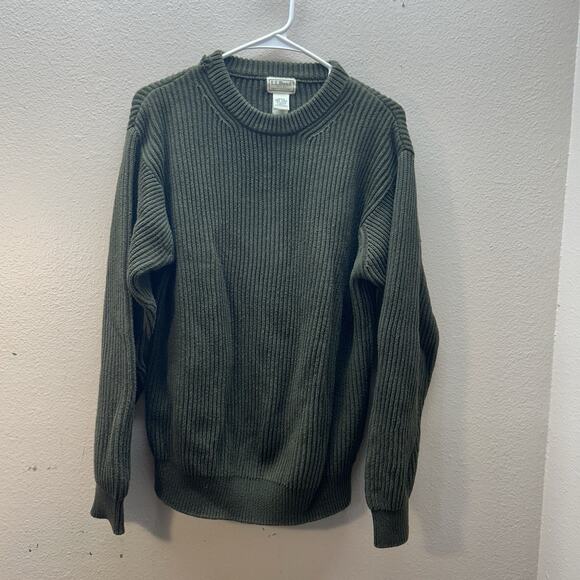 L.L. Bean Other - LL Bean Men's Ribbed Crewneck Chunky Knit Cotton Sweater Olive Green Size M Tall